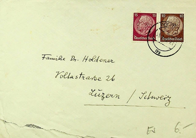 GERMANY 1940's WWII 2v HINDENBURG ON CENSORED COVER TO LUZERN SWITZERLAND