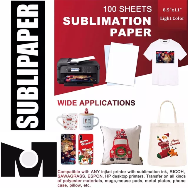 SUBLIPAPER 100 Sheets 8.5”x11” Dye Sublimation Heat Transfer Paper Mug Polyester