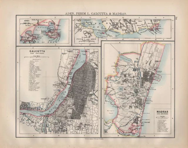 1901 Victorian Map ~ Aden Perim ~ Calcutta Environs Public Buildings Madras