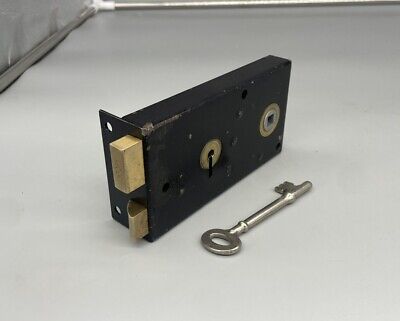 Vintage 2 Lever Black & Brass Metal Mortise Door Lock & Key