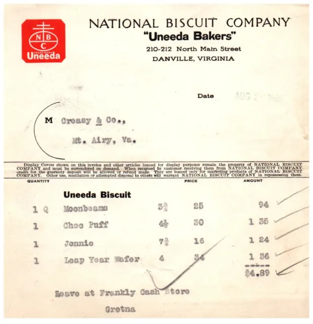 Danville VA NABISCO National Biscuit Company Uneeda Receipt Letterhead 1926