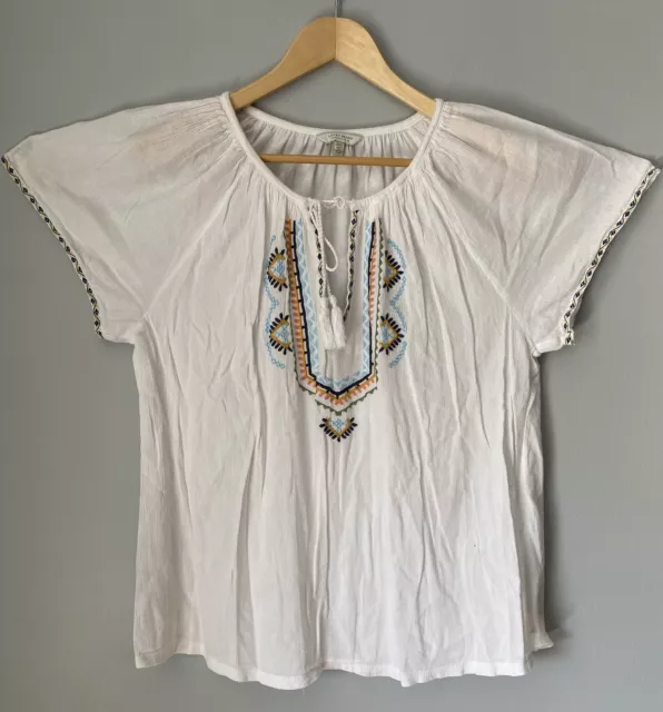 Lucky Brand Gauzy Embroidered Short Sleeve Boho Top Women's 1X Tasseled Tie Neck