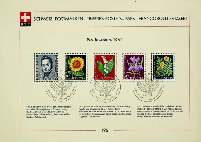 SWITZERLAND 1961 5v PRO JUVENTUTE FLOWERS CANCELED WITH BERN ON PTT CARD