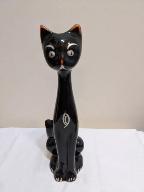 Vintage 50's 60's Mid Century Hand Painted Black Long Neck Ceramic Cat Vase