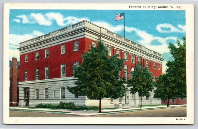 Elkins West Virginia~Federal Building From Corner~Vintage Linen Postcard