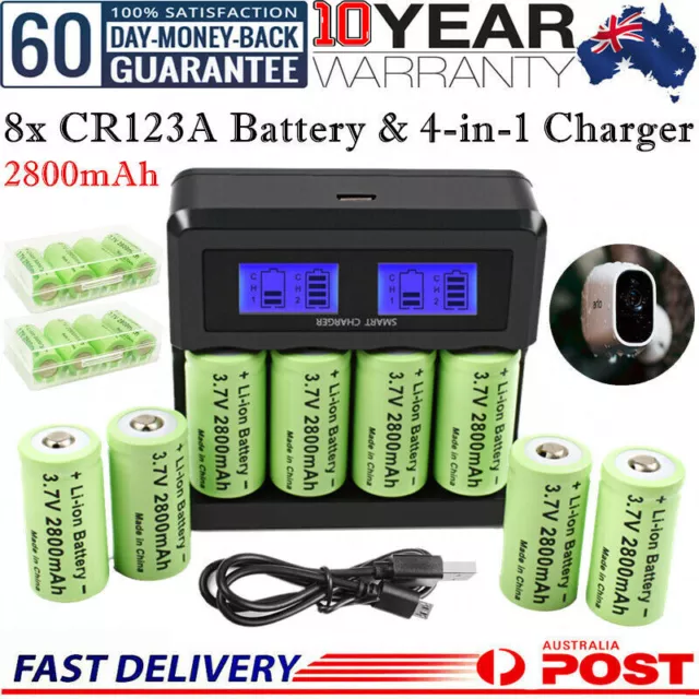 8x 2800mAh CR123A CR17345 Rechargeable Battery & USB Charger for Arlo Camera AU