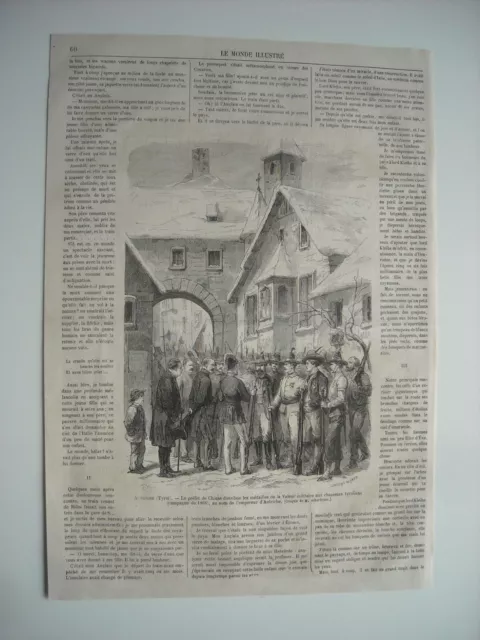 Gravure 1867. Autriche. Prefet De Chiuse Distribue Medaille Chasseurs Tyroliens.