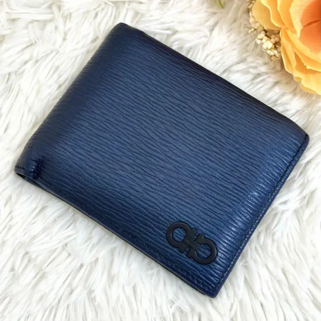 Salvatore Ferragamo Bifold Wallet Double Gancini Blue Leather Made in Italy