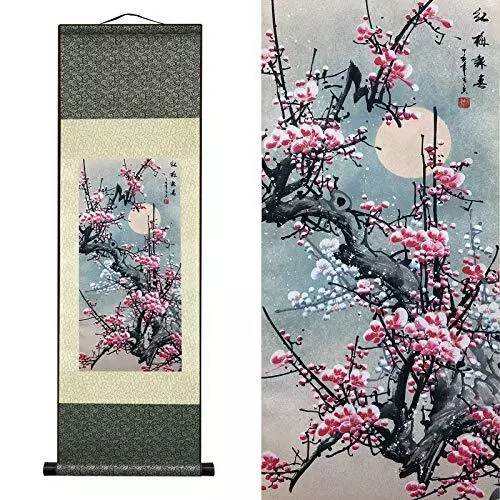 Silk Hanging Scroll Flower - Plum - Chinese Painting (39 x 12 in)