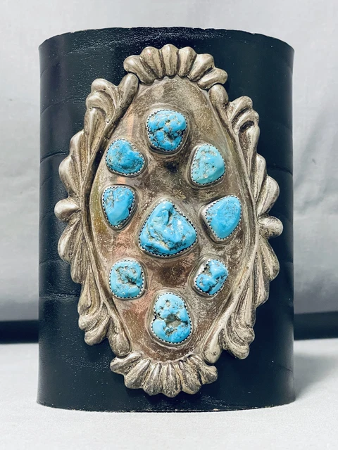 200 Grams Vintage Zuni Blue Gem Turquoise Sterling Silver Bow Guard