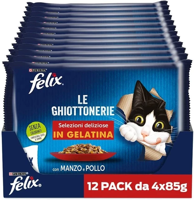 Purina Felix Le Ghiottonerie Cibo Umido per Gatti con Manzo e Pollo, 48 buste da