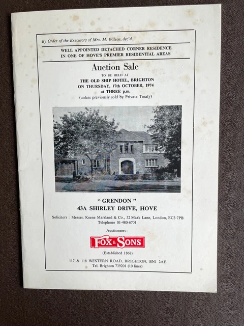 Auction Catalogue "Grendon" 43A Shirley Drive, Hove, Brighton 1974