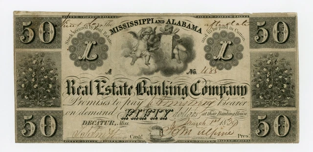 1839 $50 Mississippi & Alabama Real Estate Banking Co - Decatur MISSISSIPPI Note