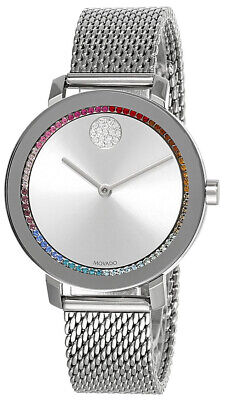 Movado Bold Evolution 34Mm Rainbow Crystal Silver Dial Mesh Watch 3600698