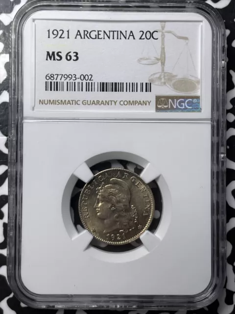 1921 Argentina 20 Centavos NGC MS63 Lot#G7082 Choice UNC!