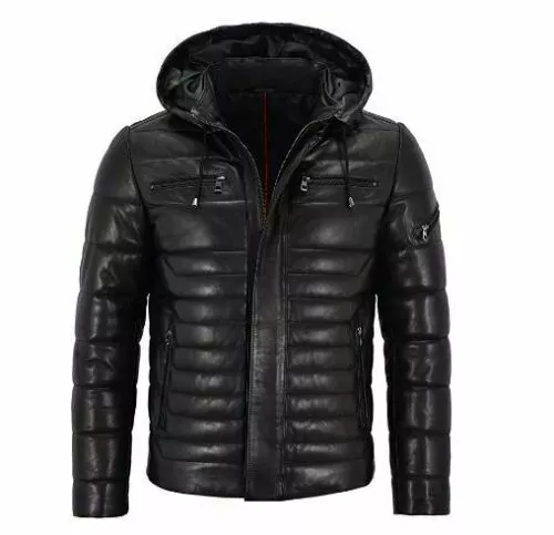 Men's Real Leather Jacket Puffer Hooded Black Hoodie Fully Quilted Jacket 2021