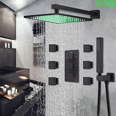 Thermostatic Shower Faucet Set 12" LED Shower Head Combo System Massage Body Jet