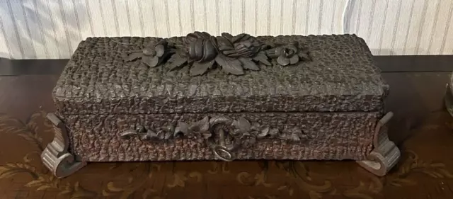 Beautiful Antique French Victorian Ornate Ebony Carved Wood Keepsake Box w/Key