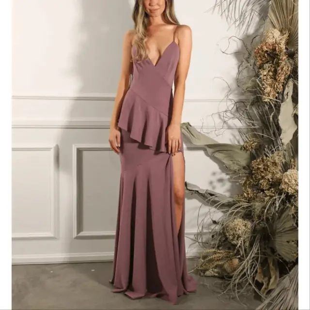 Katie May Arriba Diagonal Ruffle Cut Out Back Dress, Mauve Dusk size medium NWT