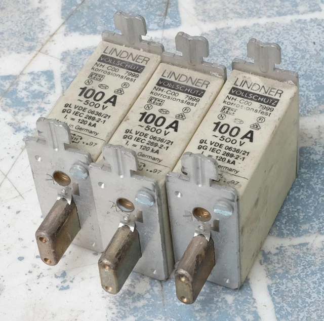 3x Lindner NH-C00 7999 cartouche à couteau Fusible 100A gL-gG 500V. Lot de 3. 3