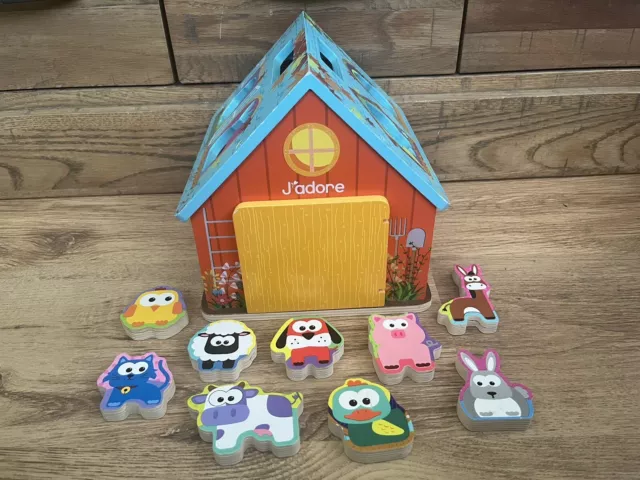 J'ADORE Wooden Farm House Carry Along Shape Sorter Toy With 9 Animals Complete