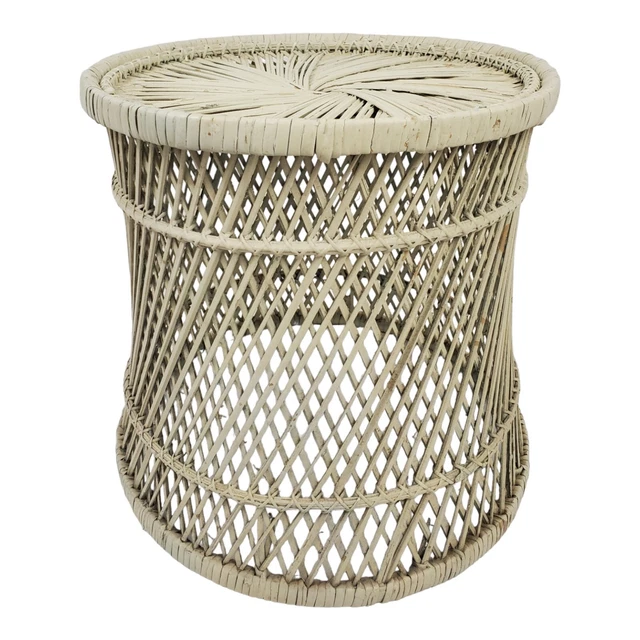 Vintage White Rattan End Table Plant Stand Bohemian Mid-Century Coastal French