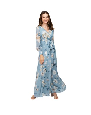 Kate and Lily Blue Sheer Floral Belted Long Sleeve Maxi Dress Size 6