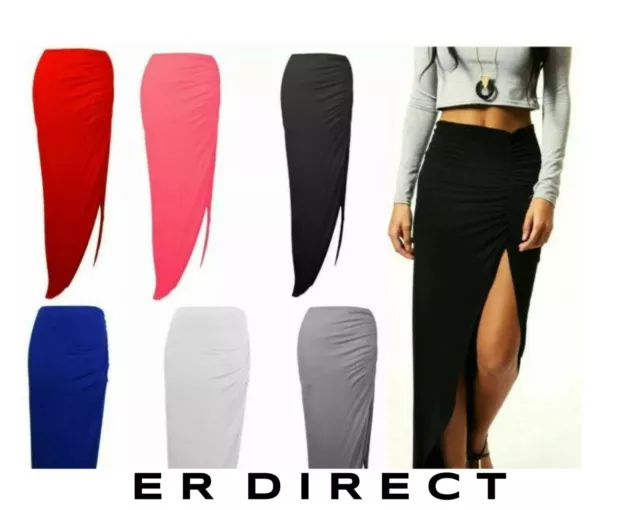 Ladies Womens Ruched Side Split Slit Long Maxi Skirt Dress Size 8-14