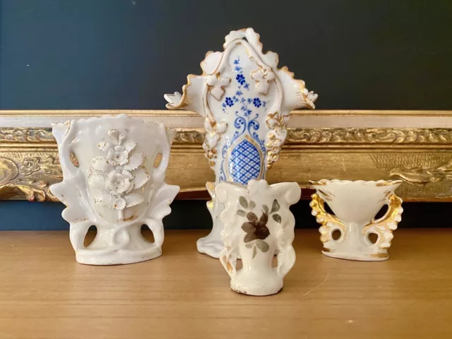 XIXe Epoque Napoléon III - 4 Vases de Marié Porcelaine de Paris & Or Fin Globe