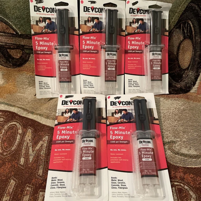 Lot of 5 DEVCON Flow-Mix 5 Minute Epoxy Clear Glue Metal Wood Glass Ceramic
