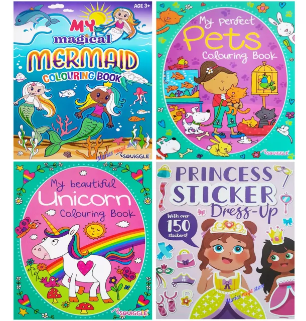 Girls Colouring Books Kids Sticker Activity Book Pet Unicorn Princess Pre school