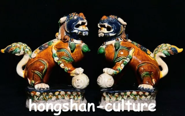 7.2" Old Chinese Tang Sancai Porcelain Dynasty Foo Fu Dog Guardion Lion Pair