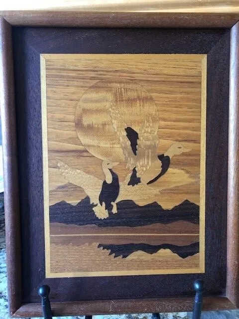 Marquetry Wood Inlaid Ducks 11 Identified Woods Framed Artist Signed 15" x 12"