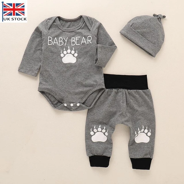 Set abiti outfit neonato bambino ORSO maniche lunghe Romper top + pantaloni + cappello 0-18 6