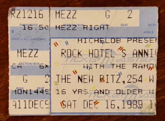 Ramones - Rock Hotel Anniversary - At The Ritz - December 16, 1989 - Ticket