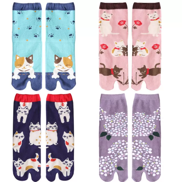 4 Pairs Lady Girls Cotton Two Toe Socks Lucky Cat Japanese Geta Socks Cute Soft 2