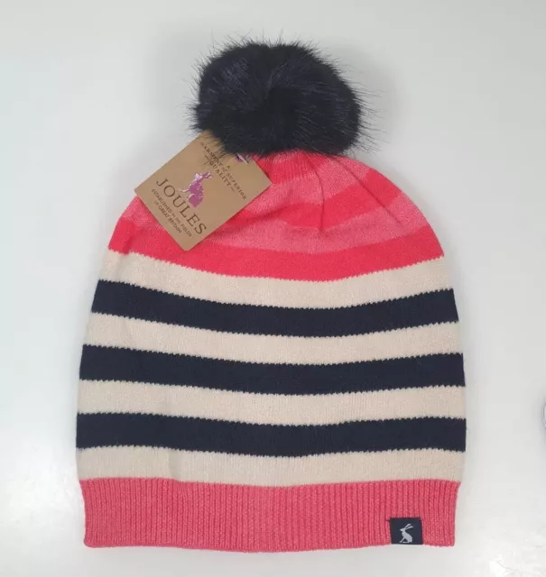 BNWT Joules Chillaway Bobble Hat Striped Faux Fur Adult One Size