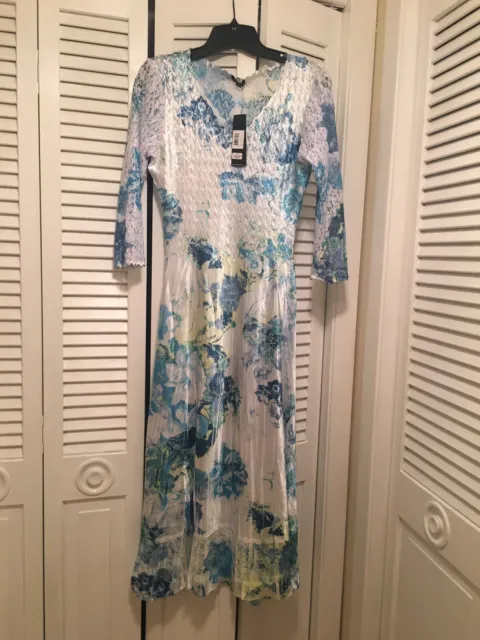 Komarov Floral Charmeuse  & Lace 3/4 Sleeve Cocktail Dress M  New  Tag $ 310
