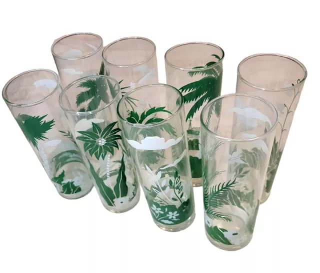 8 Vintage LIBBEY Island Paradise Tall Drink Glasses Palm Tree Each is Different