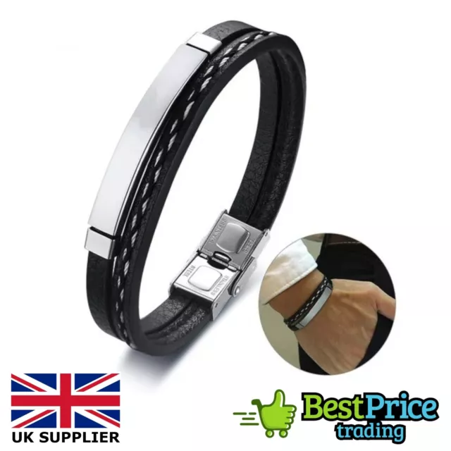 Mens Stylish Leather Multi Layer Weave Bracelet Wristband Bangle Gift