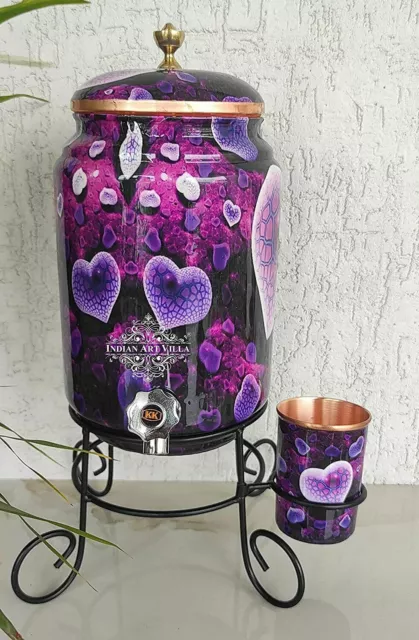 Copper Purple Heart Print Design Water Pot with Brass Tap & Glass & Stand V- 5L