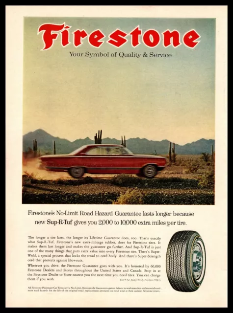 1964 Firestone Sup-R-Tuf Tires "No LImit Road Hazard Guarantee" Vintage Print Ad