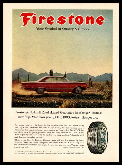 1964 Firestone Sup-R-Tuf Tires "No LImit Road Hazard Guarantee" Vintage Print Ad