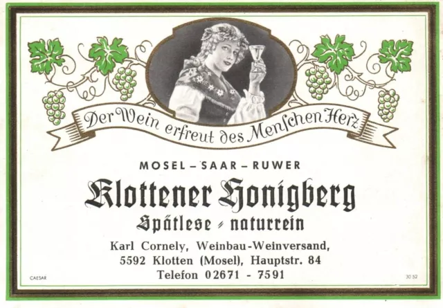 Klottener Sonnenberg 1950s-1960s Mosel Saar Ruwer German Wine Label