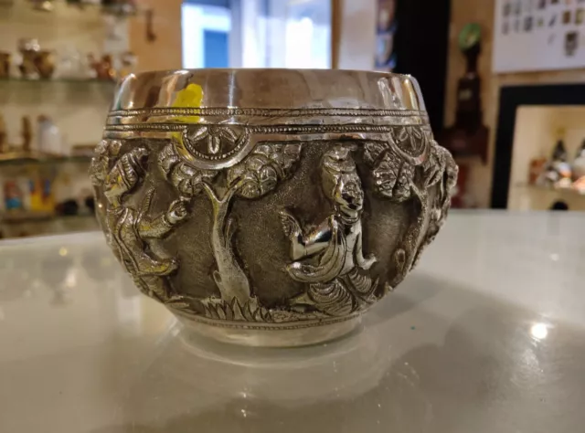 Fine BURMESE SILVER BOWL c1850 DEITY FIGURES 136g