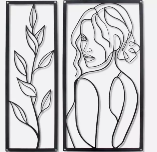 Black Metal Line Art- Wall Art Set of 2. Aesthetic Boho Woman and Botanical Leaf