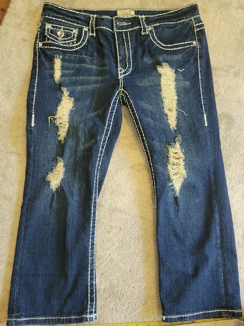 L.A. Idol USA Juniors Dark Wash Denim Jean Midi Length Size 13 Distressed Bling