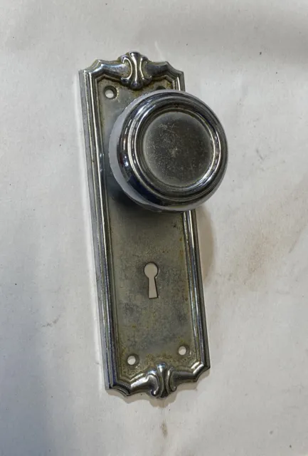 Antique Vintage Steel Door Knob & Plate Chrome Plated Art Deco