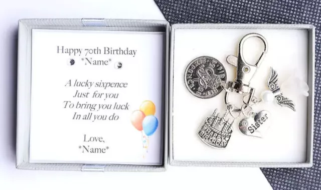 Personalised 70th Birthday Lucky Sixpence  Novelty Keyring - Gift for Her