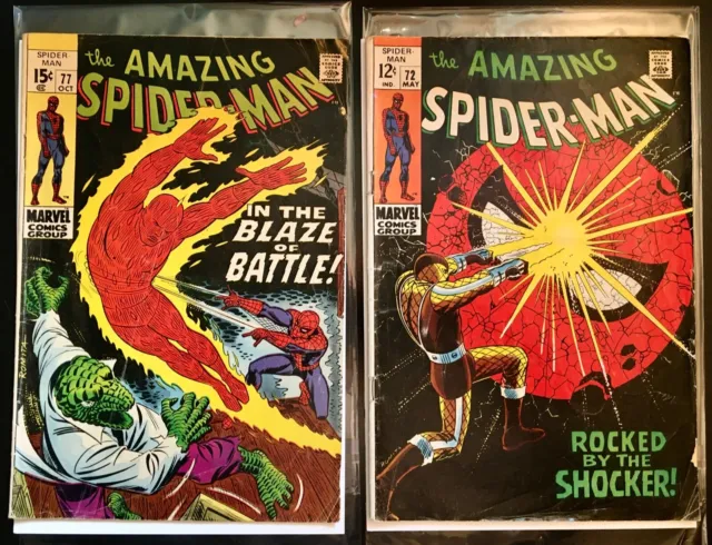 Amazing Spider-Man issues #72 (Shocker), #77 (Human Torch, Lizard) Marvel 1969